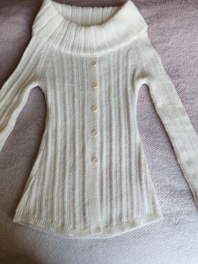 Off-the-Shoulder Cream Ribbed Button Sweater